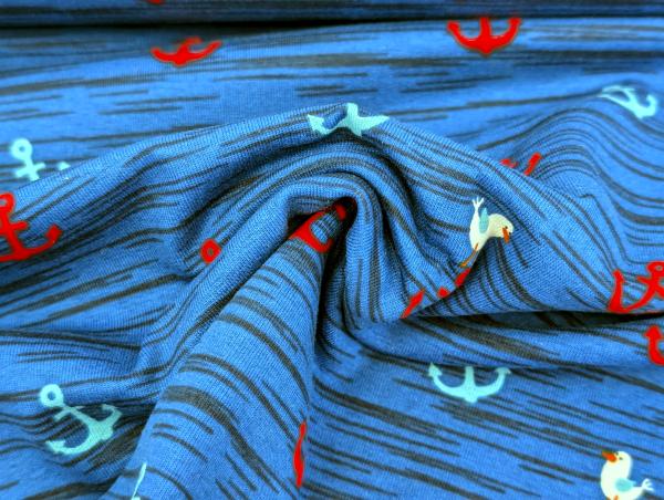 Baumwolljersey Möwen und Anker Indigoblau